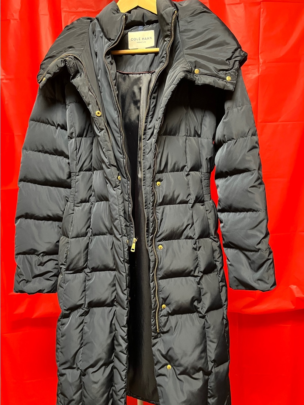 Cole Haan Women's Navy Long Quilted Puffer Coat with Hood
